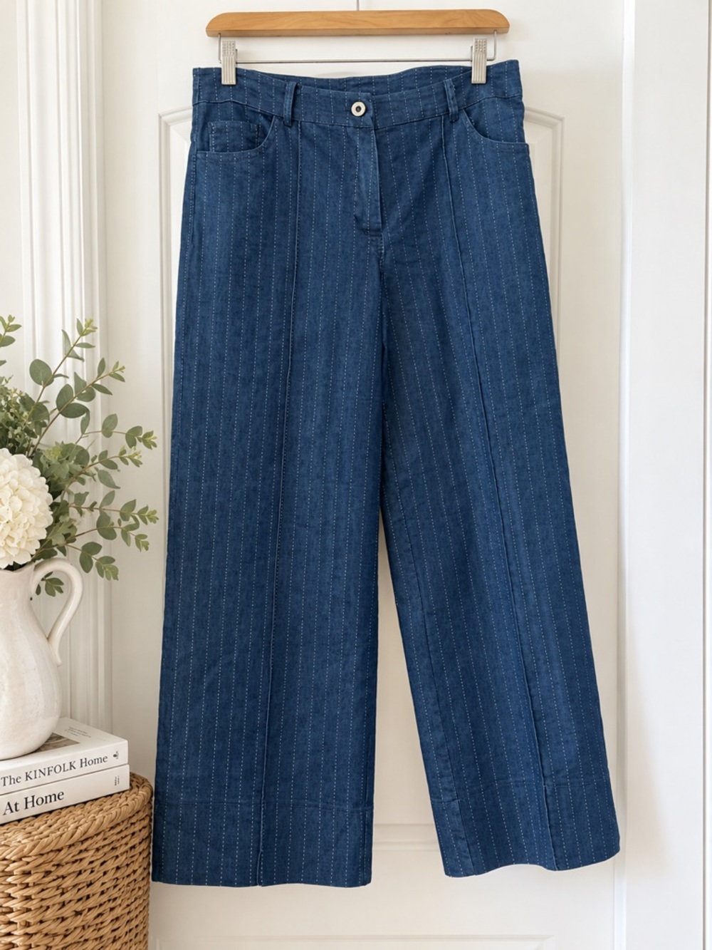 Navy Pinstripe Wide Leg Trousers High Waist Pants 30 Waist